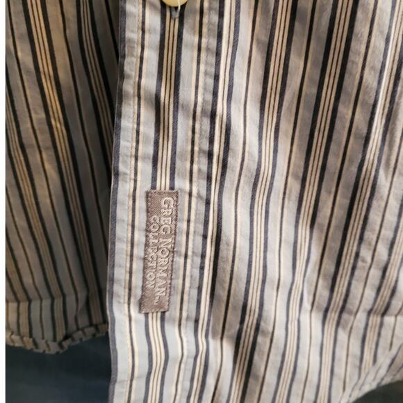 Greg Norman Pinstripe Button Down Shirt L Shark Logo Light Blue Golf Preppy - Picture 9 of 10
